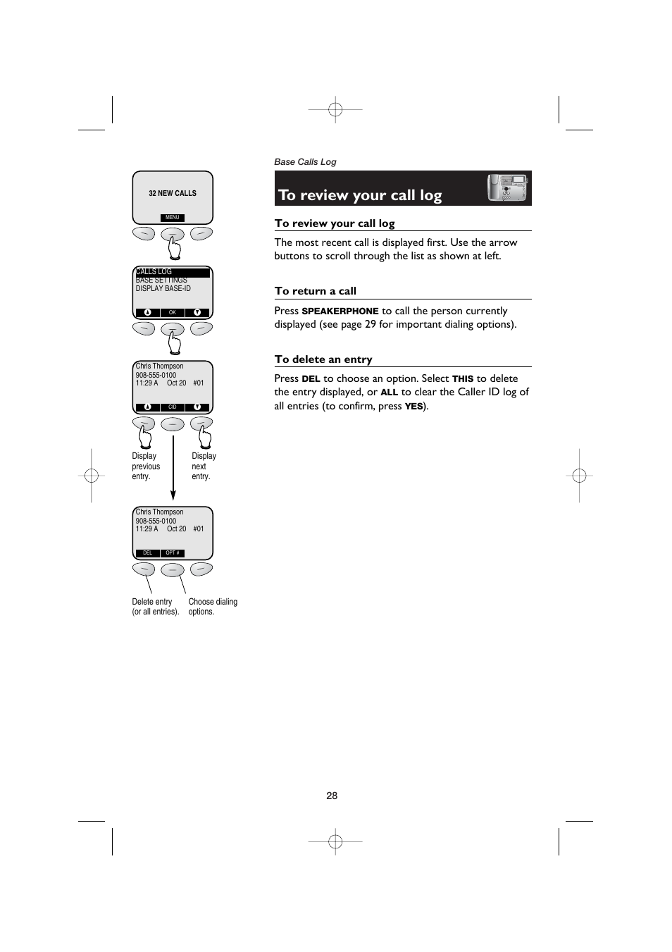 To review your call log, To return a call, To delete an entry | AT&T E5960C User Manual | Page 30 / 73