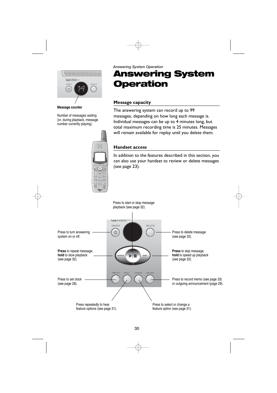 Answering system operation, Message capacity, Handset access | AT&T E5960C User Manual | Page 32 / 73