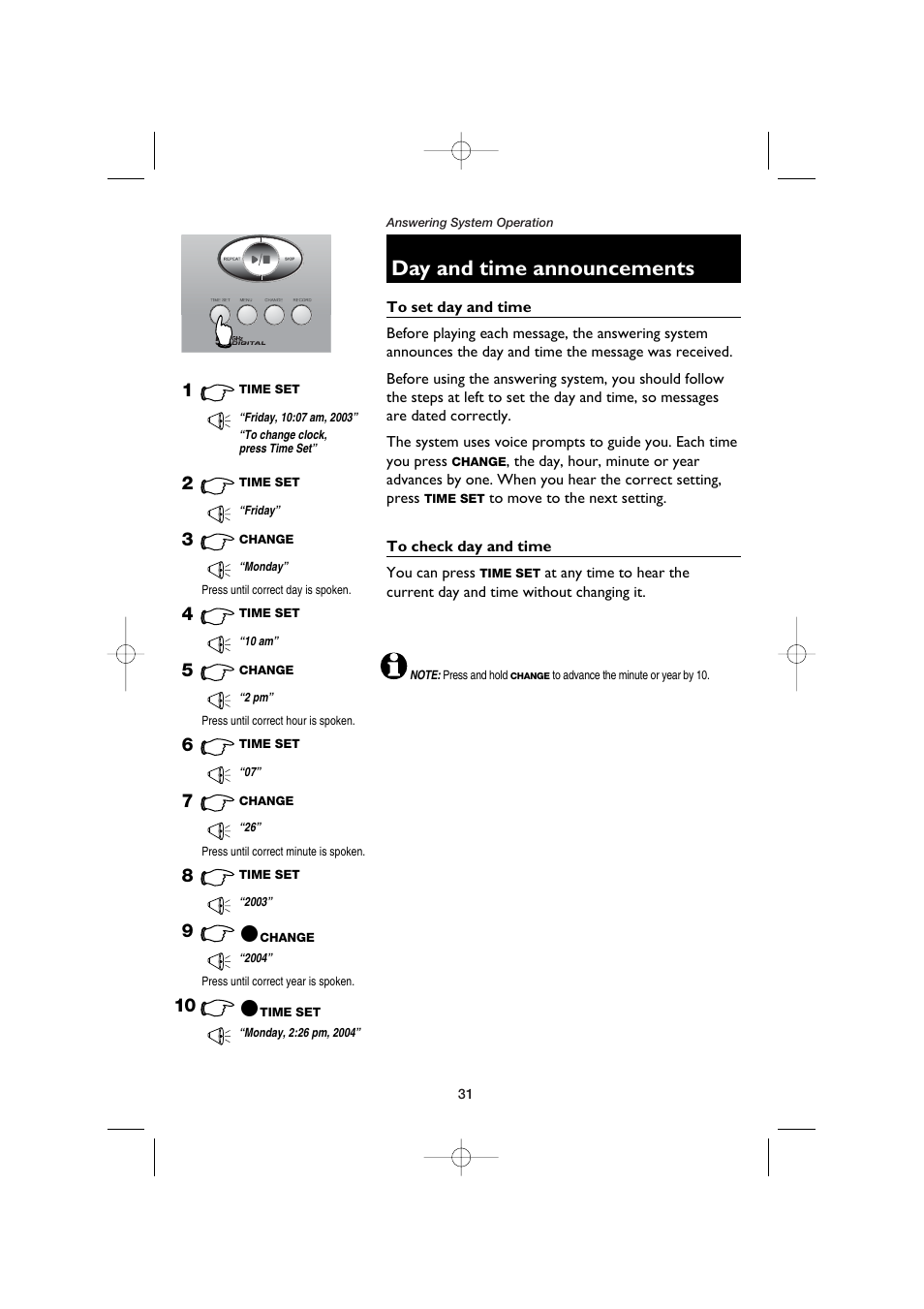 Day and time announcements, To set day and time, To check day and time | AT&T E5960C User Manual | Page 33 / 73