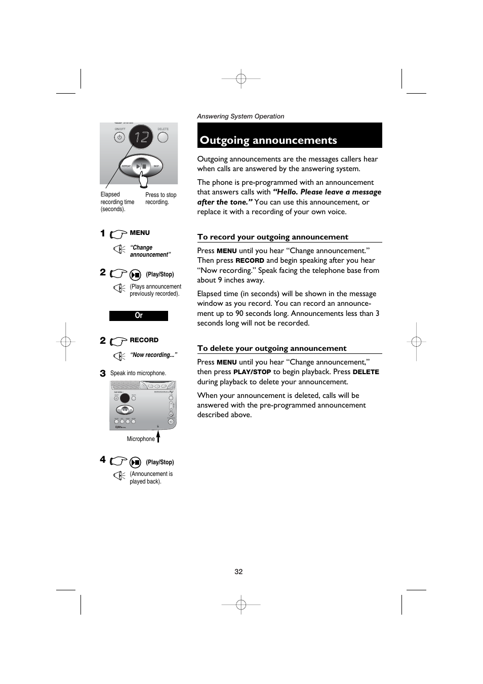 Outgoing announcements, To record your outgoing announcement, To delete your outgoing announcement | AT&T E5960C User Manual | Page 34 / 73