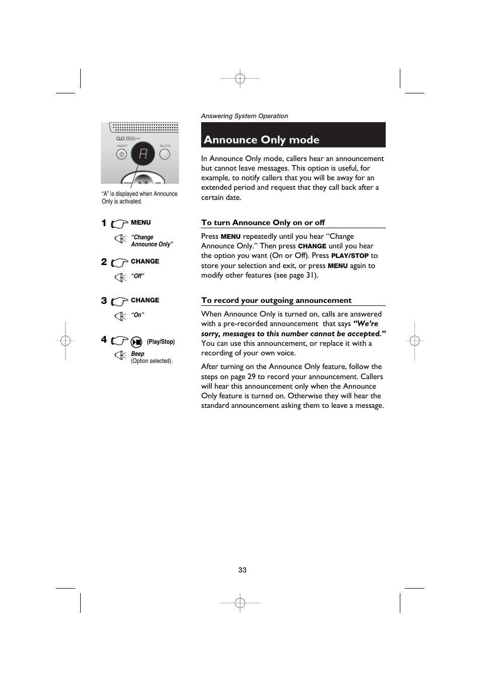 Announce only mode, To turn announce only on or off, To record your outgoing announcement | AT&T E5960C User Manual | Page 35 / 73