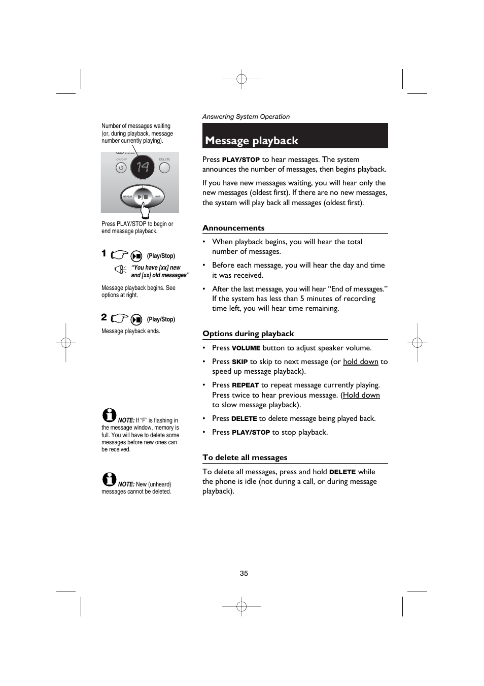 Message playback, Announcements, Options during playback | To delete all messages | AT&T E5960C User Manual | Page 37 / 73
