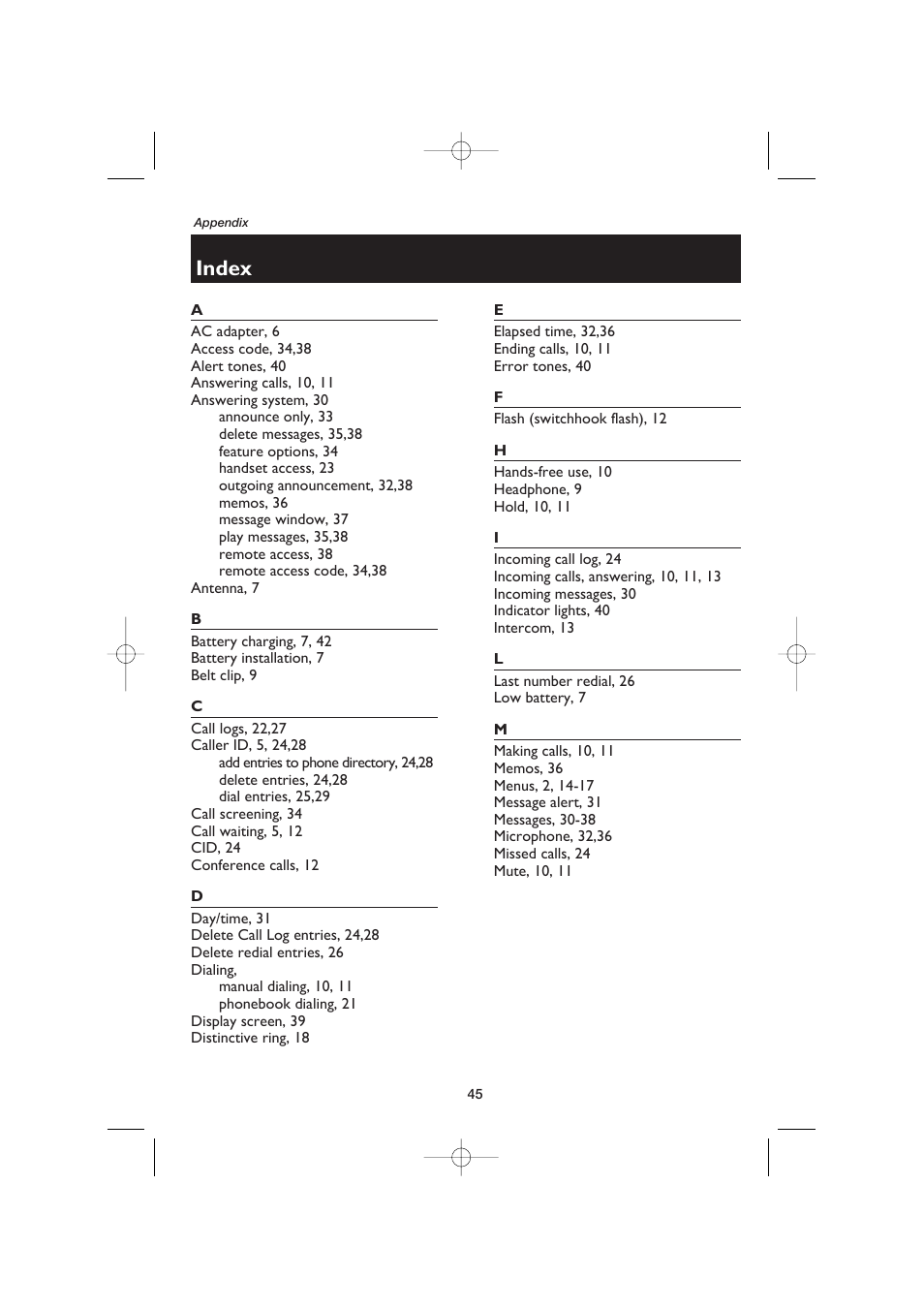 Index | AT&T E5960C User Manual | Page 47 / 73
