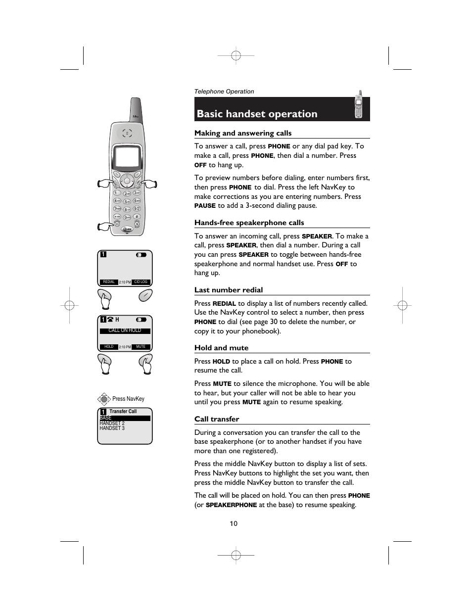 Telephone operation, Basic handset operation, Making and answering calls | Hands-free speakerphone calls, Last number redial, Hold and mute, Call transfer | AT&T E5900B User Manual | Page 12 / 77