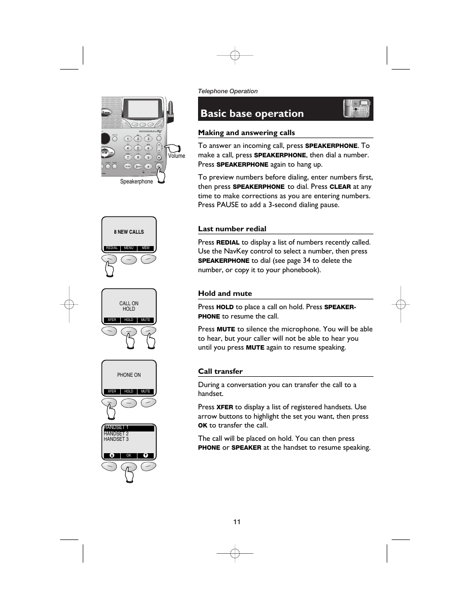 Basic base operation, Making and answering calls, Last number redial | Hold and mute, Call transfer | AT&T E5900B User Manual | Page 13 / 77
