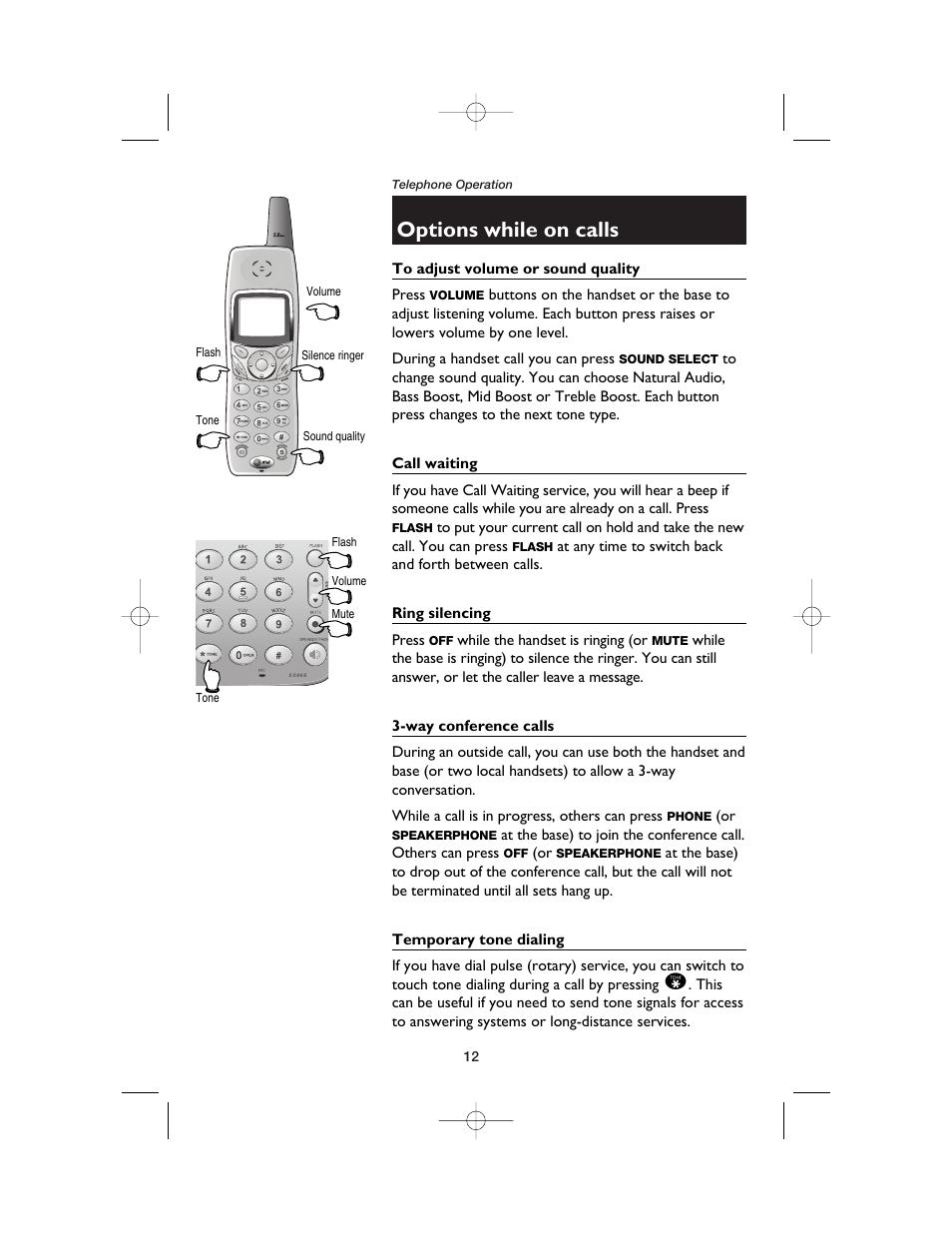 Options while on calls, To adjust volume or sound quality, Call waiting | Ring silencing, Way conference calls, Temporary tone dialing | AT&T E5900B User Manual | Page 14 / 77