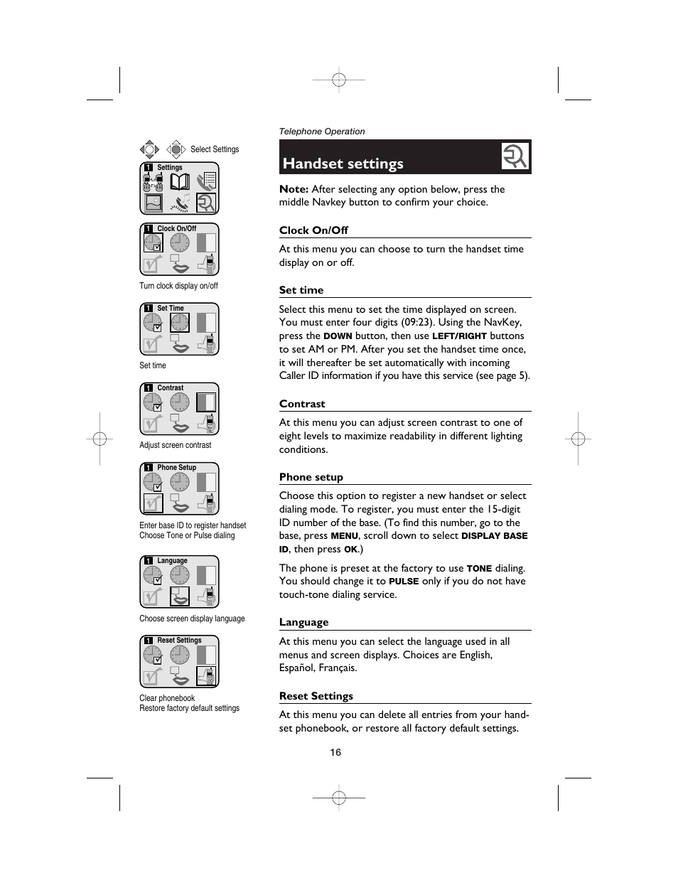 Handset settings, Clock on/off, Set time | Contrast, Phone setup, Language, Reset settings | AT&T E5900B User Manual | Page 18 / 77