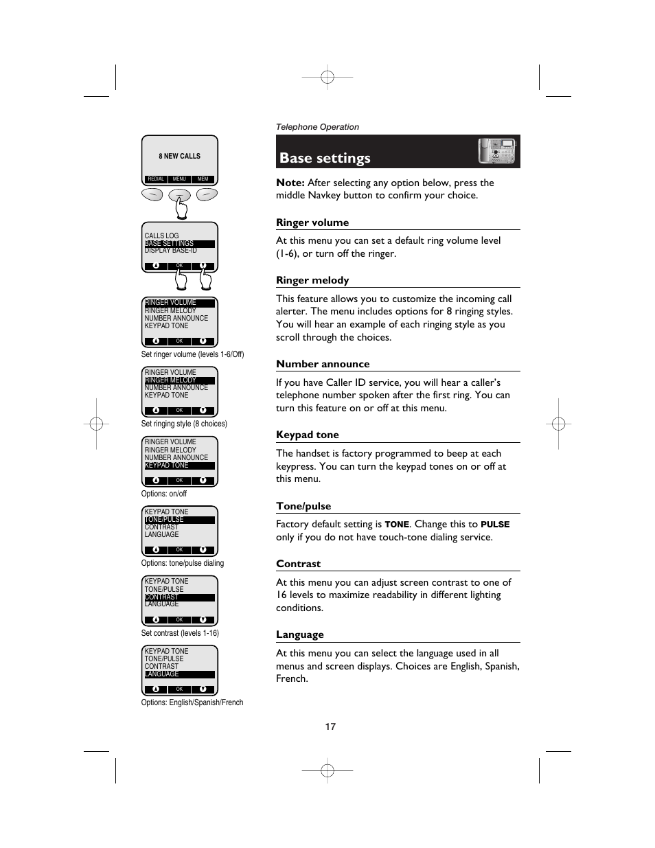 Base settings, Ringer volume, Ringer melody | Number announce, Keypad tone, Tone/pulse, Contrast, Language, Change this to | AT&T E5900B User Manual | Page 19 / 77