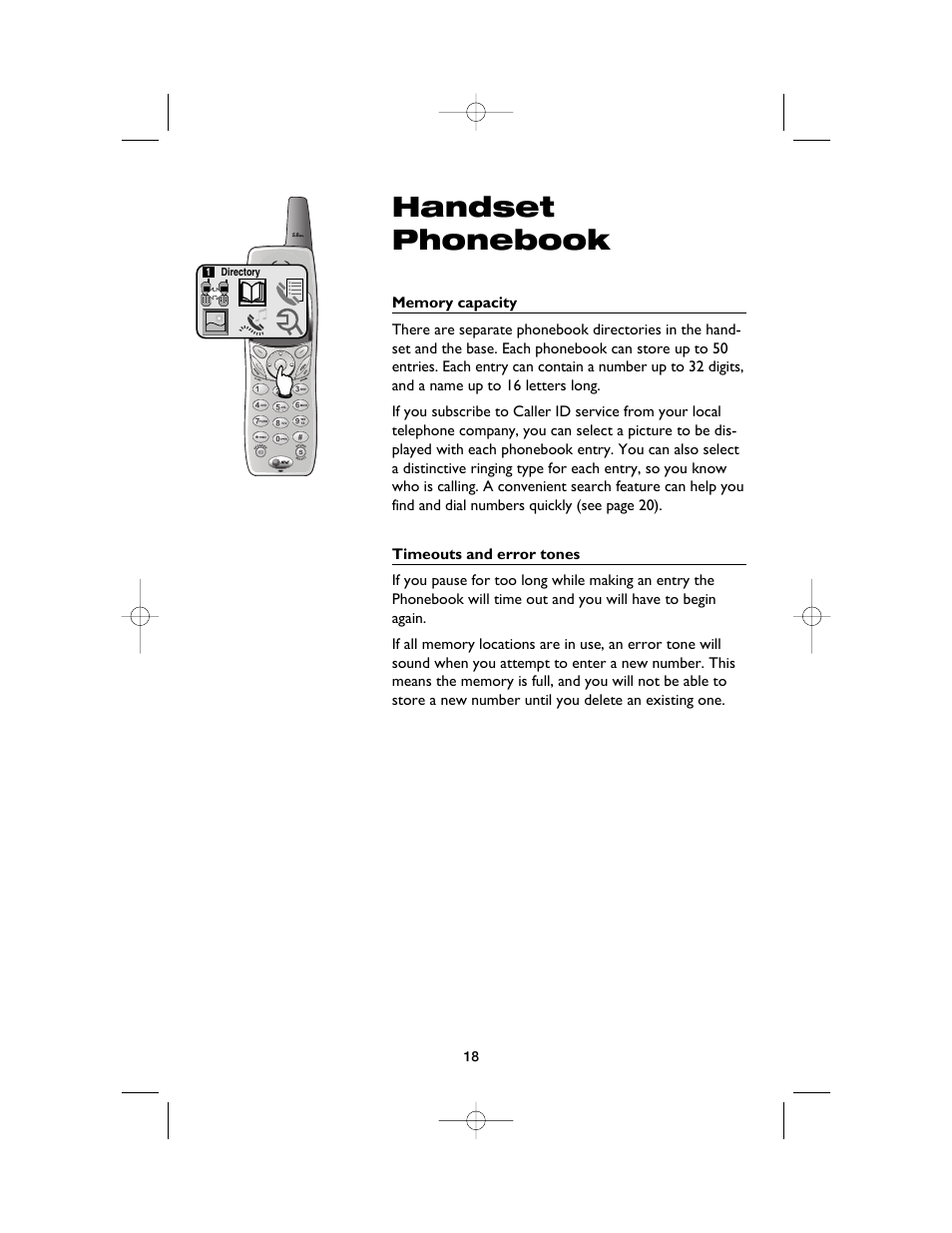 Handset phonebook, Memory capacity, Timeouts and error tones | AT&T E5900B User Manual | Page 20 / 77