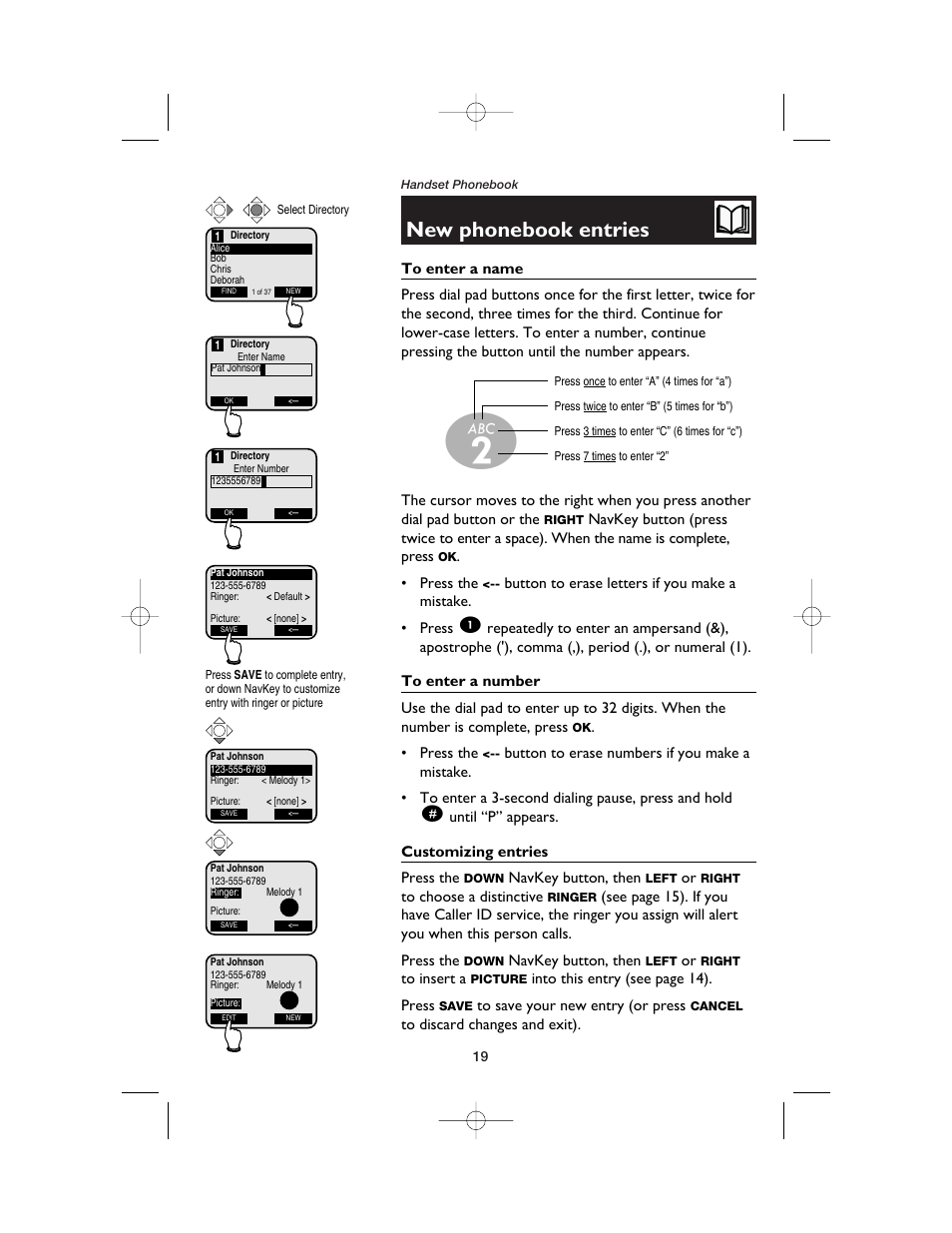 New phonebook entries, To enter a name, To enter a number | Customizing entries | AT&T E5900B User Manual | Page 21 / 77