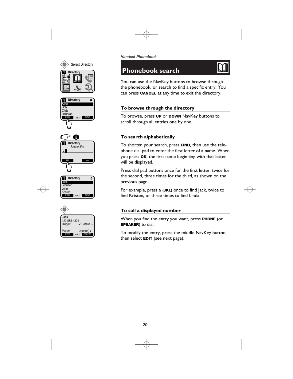 Phonebook search, To browse through the directory, To search alphabetically | To call a displayed number | AT&T E5900B User Manual | Page 22 / 77