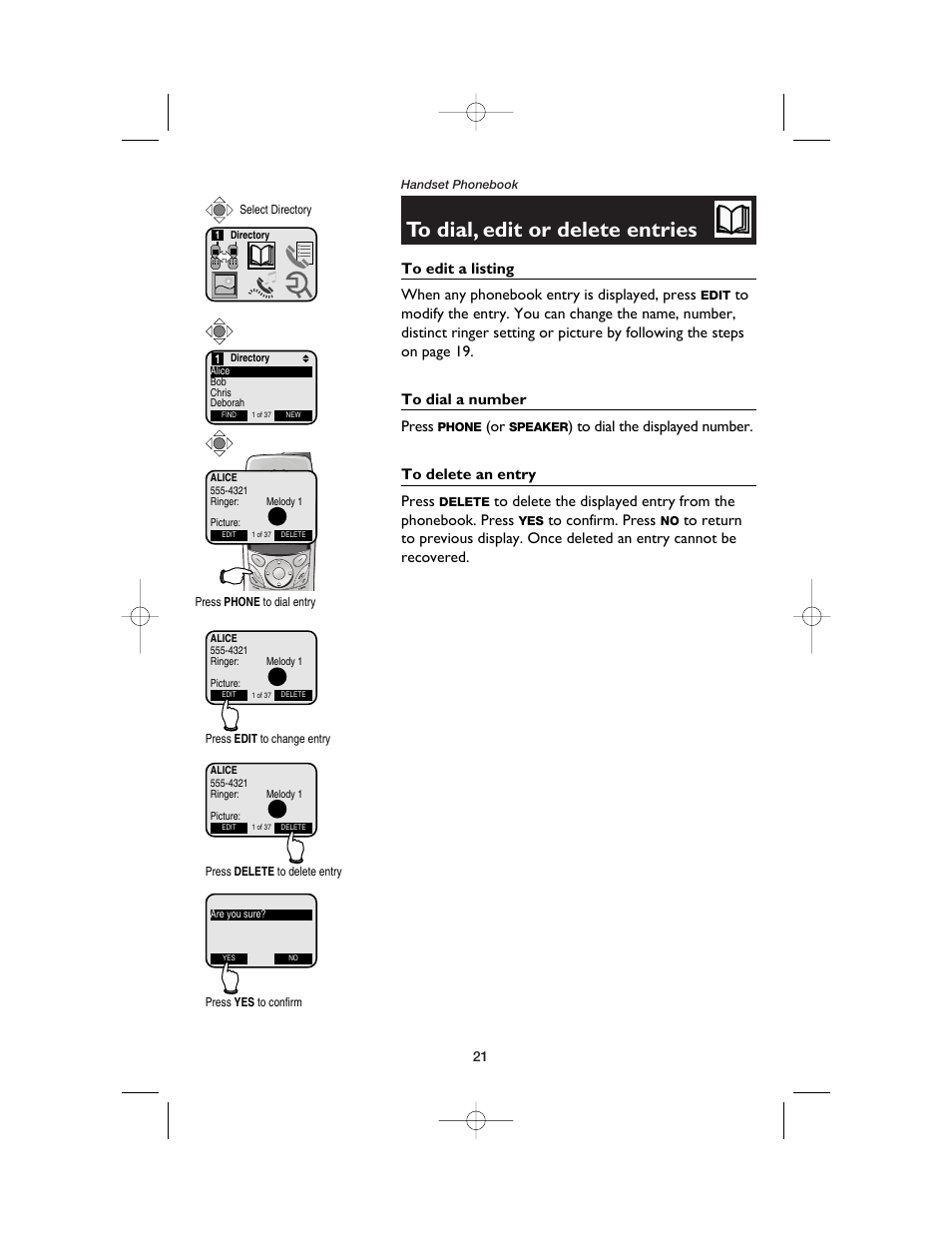 To dial, edit or delete entries, To edit a listing, To dial a number | To delete an entry | AT&T E5900B User Manual | Page 23 / 77