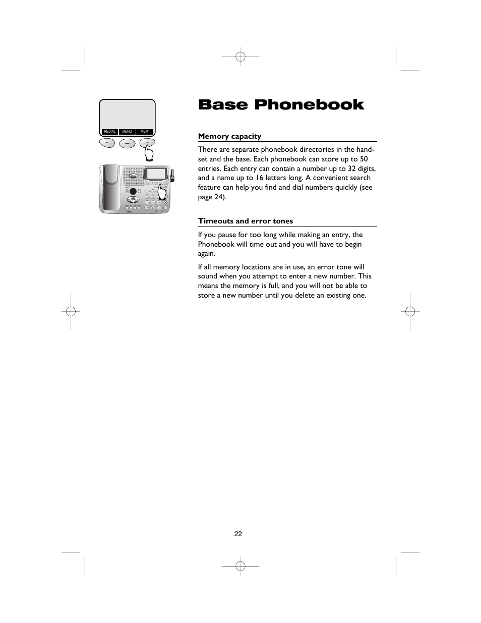 Base phonebook, Memory capacity, Timeouts and error tones | AT&T E5900B User Manual | Page 24 / 77