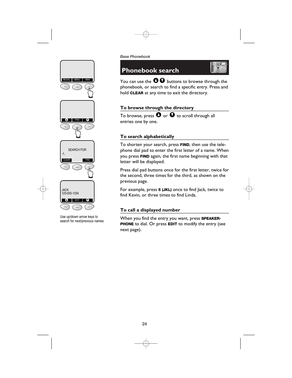 Phonebook search, To browse through the directory, To search alphabetically | To call a displayed number | AT&T E5900B User Manual | Page 26 / 77