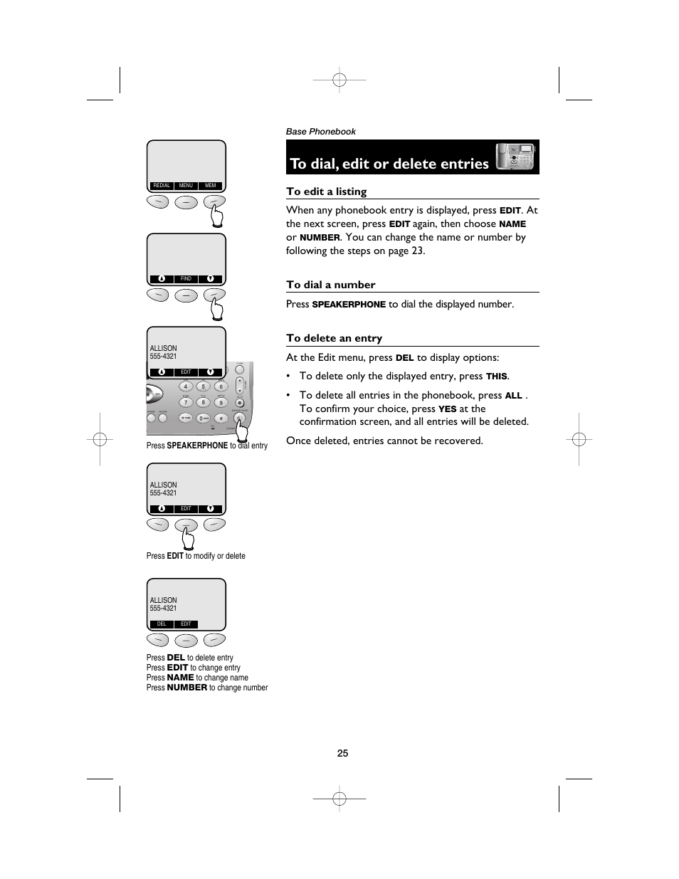 To dial, edit or delete entries, To edit a listing, To dial a number | To delete an entry | AT&T E5900B User Manual | Page 27 / 77