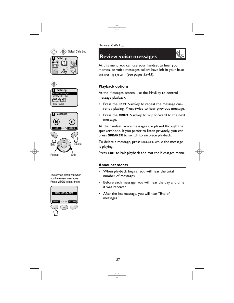 Review voice messages, Playback options, Announcements | AT&T E5900B User Manual | Page 29 / 77