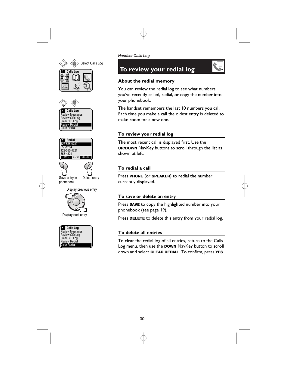 To review your redial log, About the redial memory, To redial a call | To save or delete an entry, To delete all entries | AT&T E5900B User Manual | Page 32 / 77