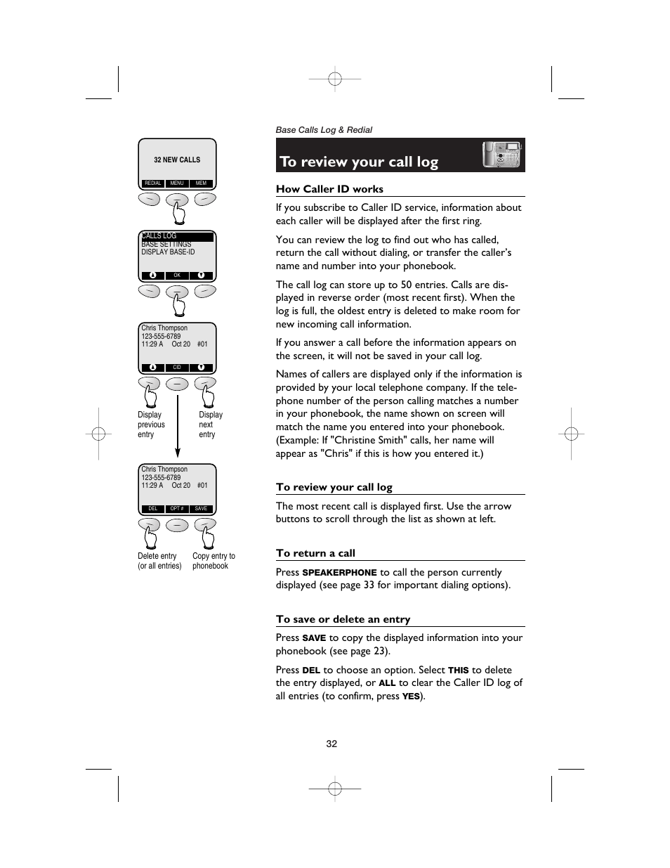 To review your call log, How caller id works, To return a call | To save or delete an entry | AT&T E5900B User Manual | Page 34 / 77