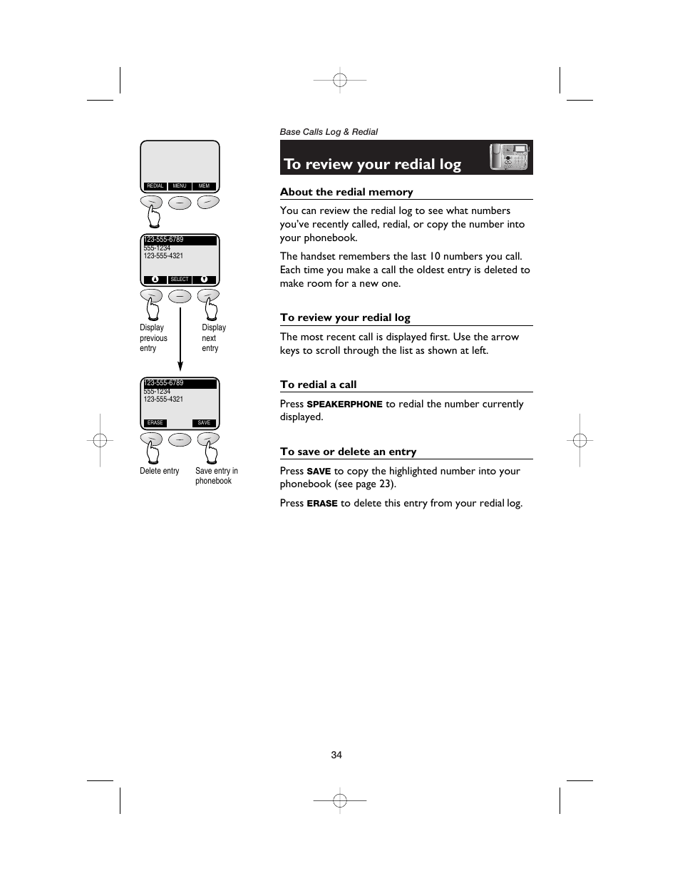 To review your redial log, About the redial memory, To redial a call | To save or delete an entry | AT&T E5900B User Manual | Page 36 / 77