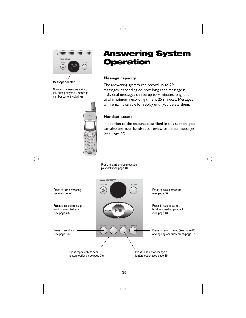 Answering system operation, Message capacity, Handset access | AT&T E5900B User Manual | Page 37 / 77