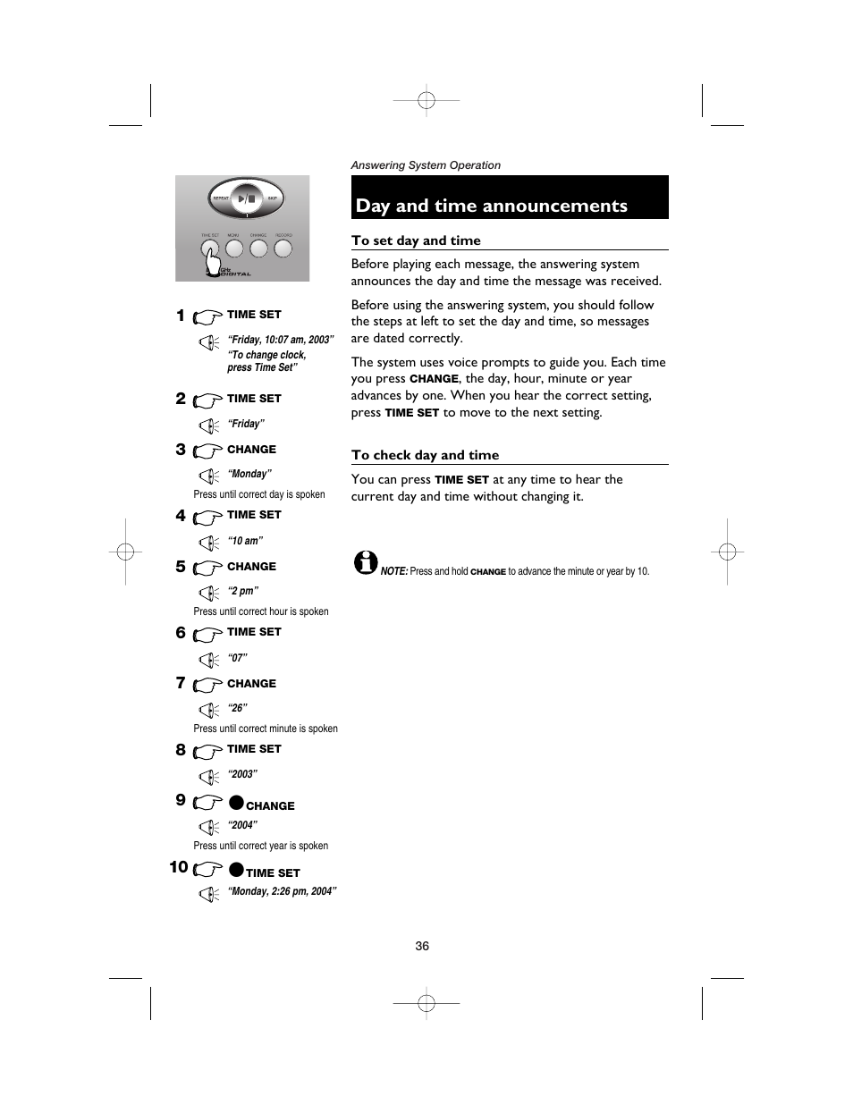 Day and time announcements, To set day and time, To check day and time | AT&T E5900B User Manual | Page 38 / 77