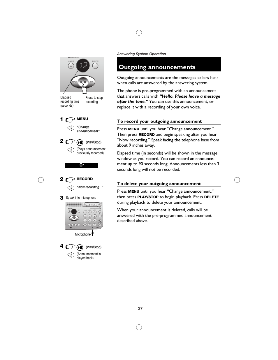 Outgoing announcements, To record your outgoing announcement, To delete your outgoing announcement | AT&T E5900B User Manual | Page 39 / 77