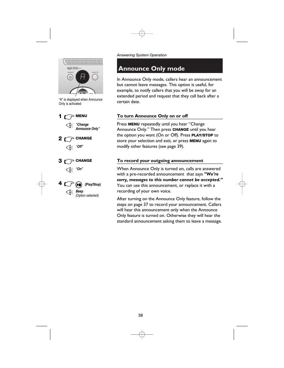 Announce only mode, To turn announce only on or off, To record your outgoing announcement | AT&T E5900B User Manual | Page 40 / 77