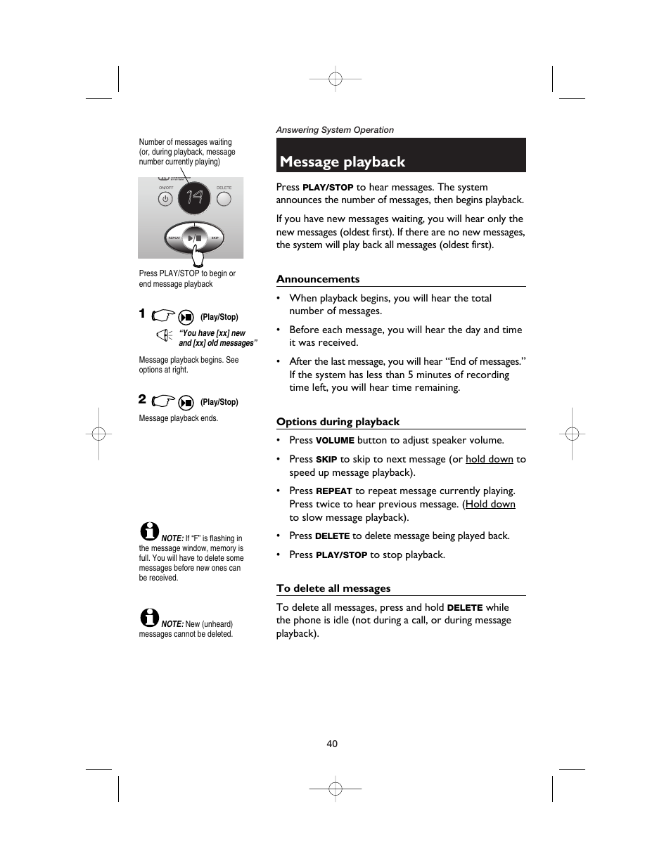 Message playback, Options during playback, To delete all messages | Announcements | AT&T E5900B User Manual | Page 42 / 77