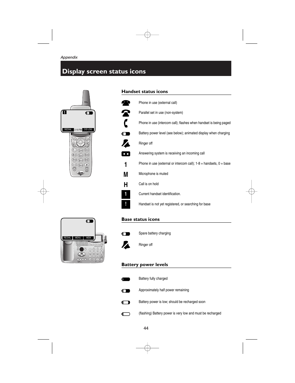 Appendix, Display screen status icons, Handset status icons | Base status icons, Battery power levels | AT&T E5900B User Manual | Page 46 / 77