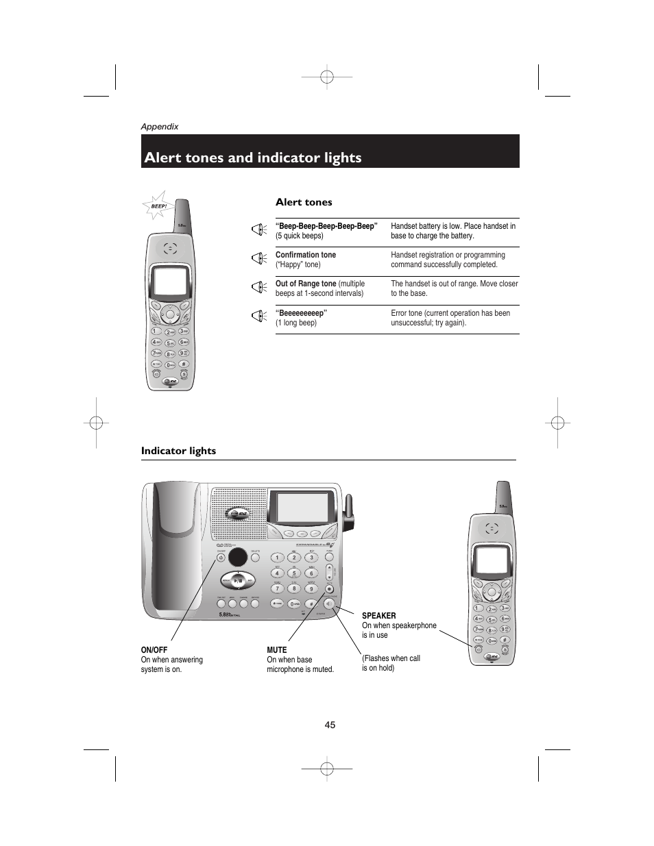 Alert tones and indicator lights, Alert tones, Indicator lights | AT&T E5900B User Manual | Page 47 / 77