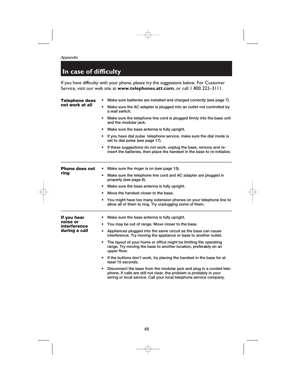 In case of difficulty, Telephone does not work at all, Phone does not ring | If you hear noise or interference during a call | AT&T E5900B User Manual | Page 50 / 77