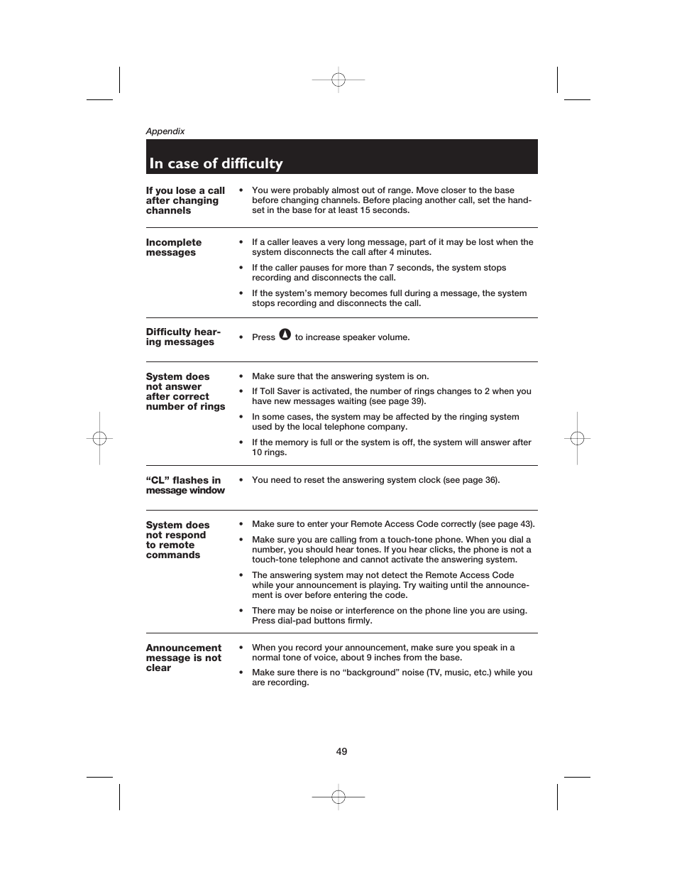 If you lose a call after changing channels, Incomplete messages, Difficulty hearing messages | Cl” flashes in message window, System does not respond to remote commands, Announcement message is not clear | AT&T E5900B User Manual | Page 51 / 77