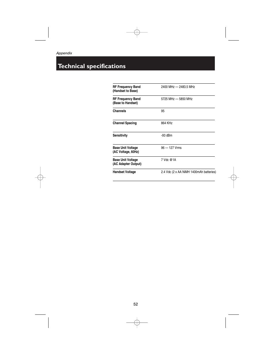 Technical specifications | AT&T E5900B User Manual | Page 54 / 77