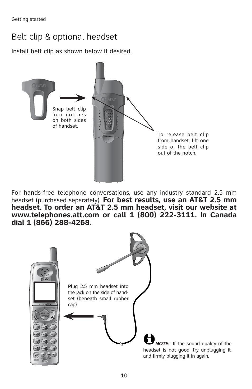 Belt clip & optional headset | AT&T 91-001105-040-100 User Manual | Page 13 / 55