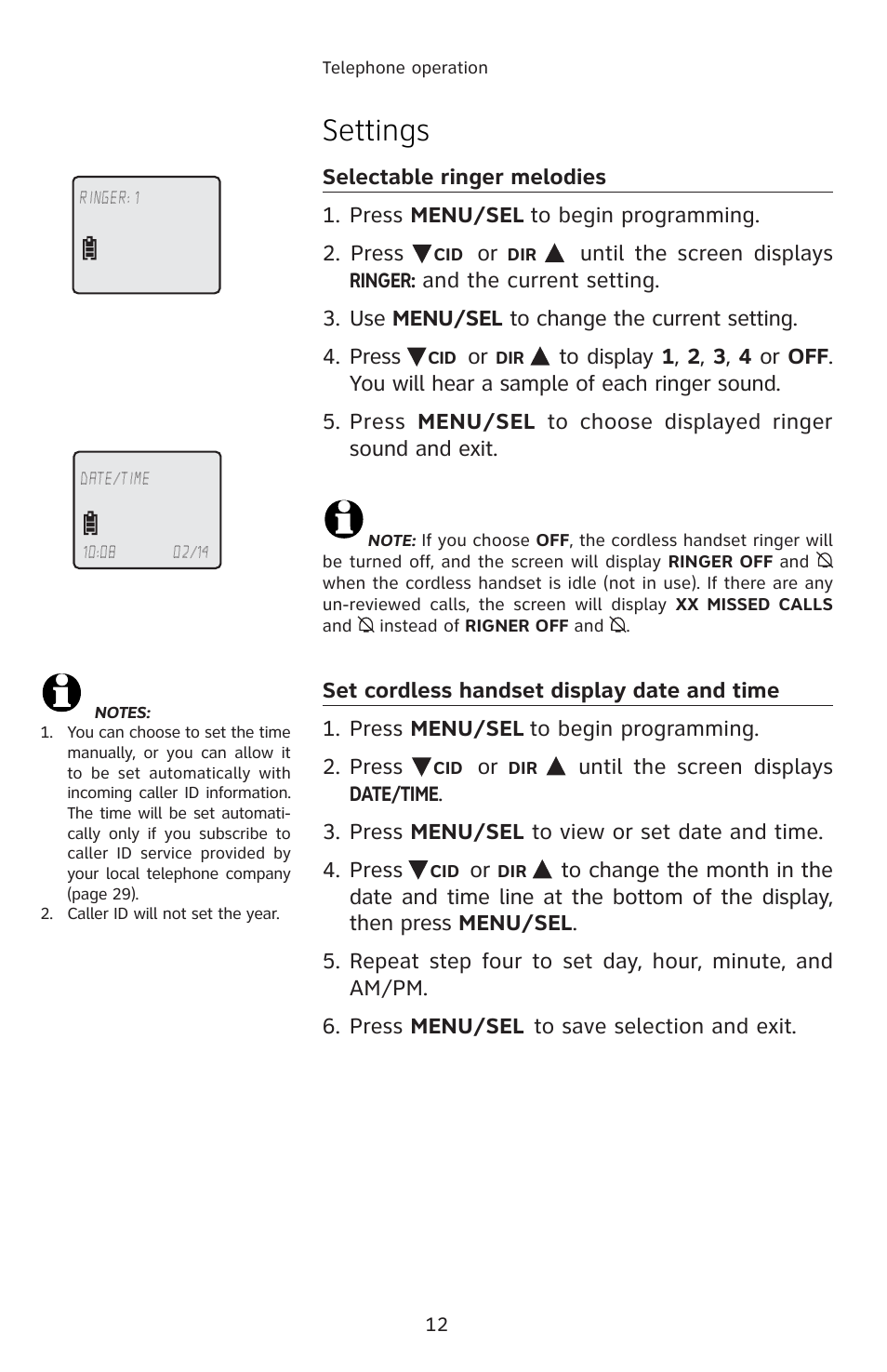 Telephone operation, Settings | AT&T 91-001105-040-100 User Manual | Page 15 / 55