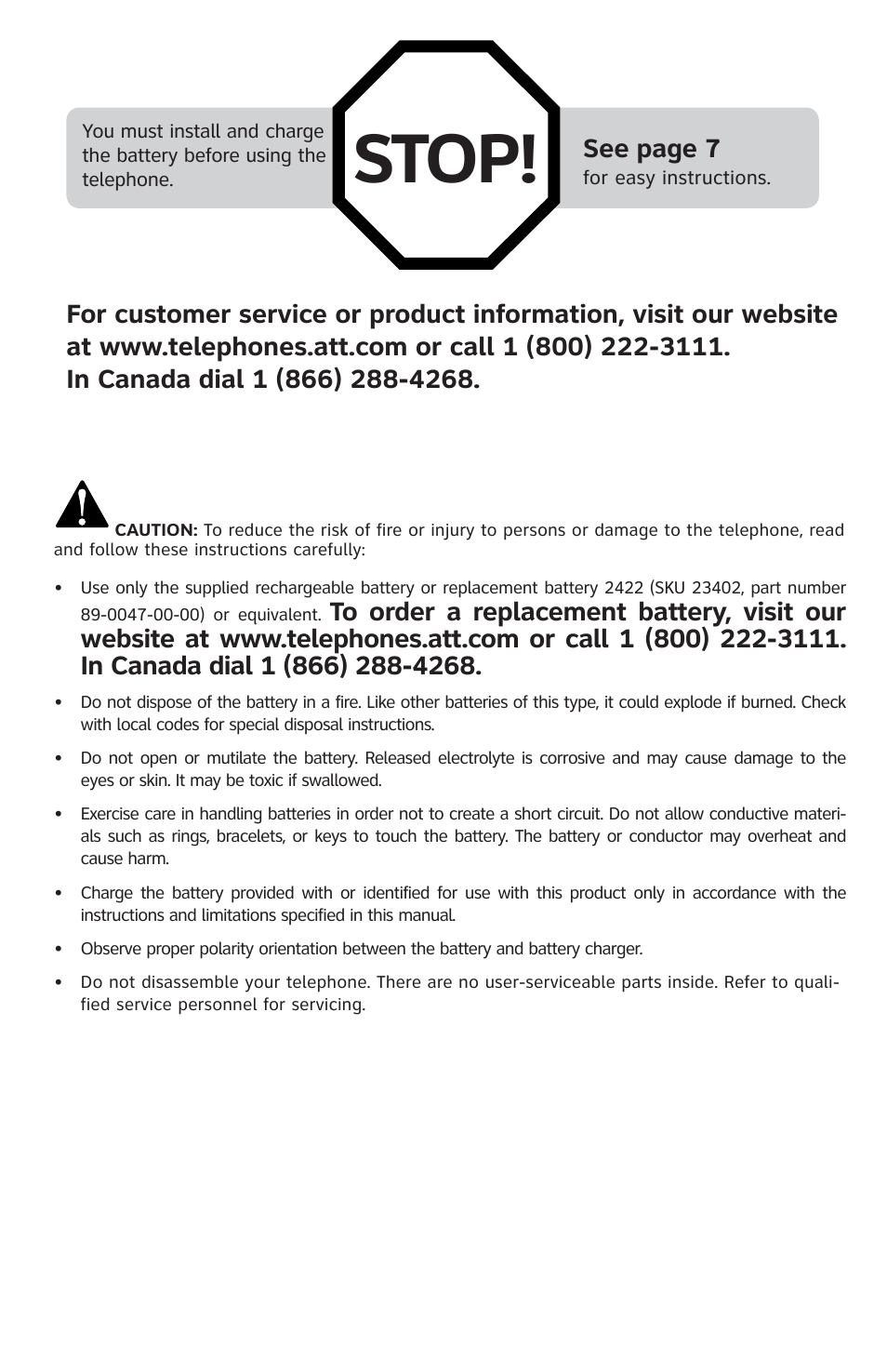 Stop, See page 7 | AT&T 91-001105-040-100 User Manual | Page 3 / 55