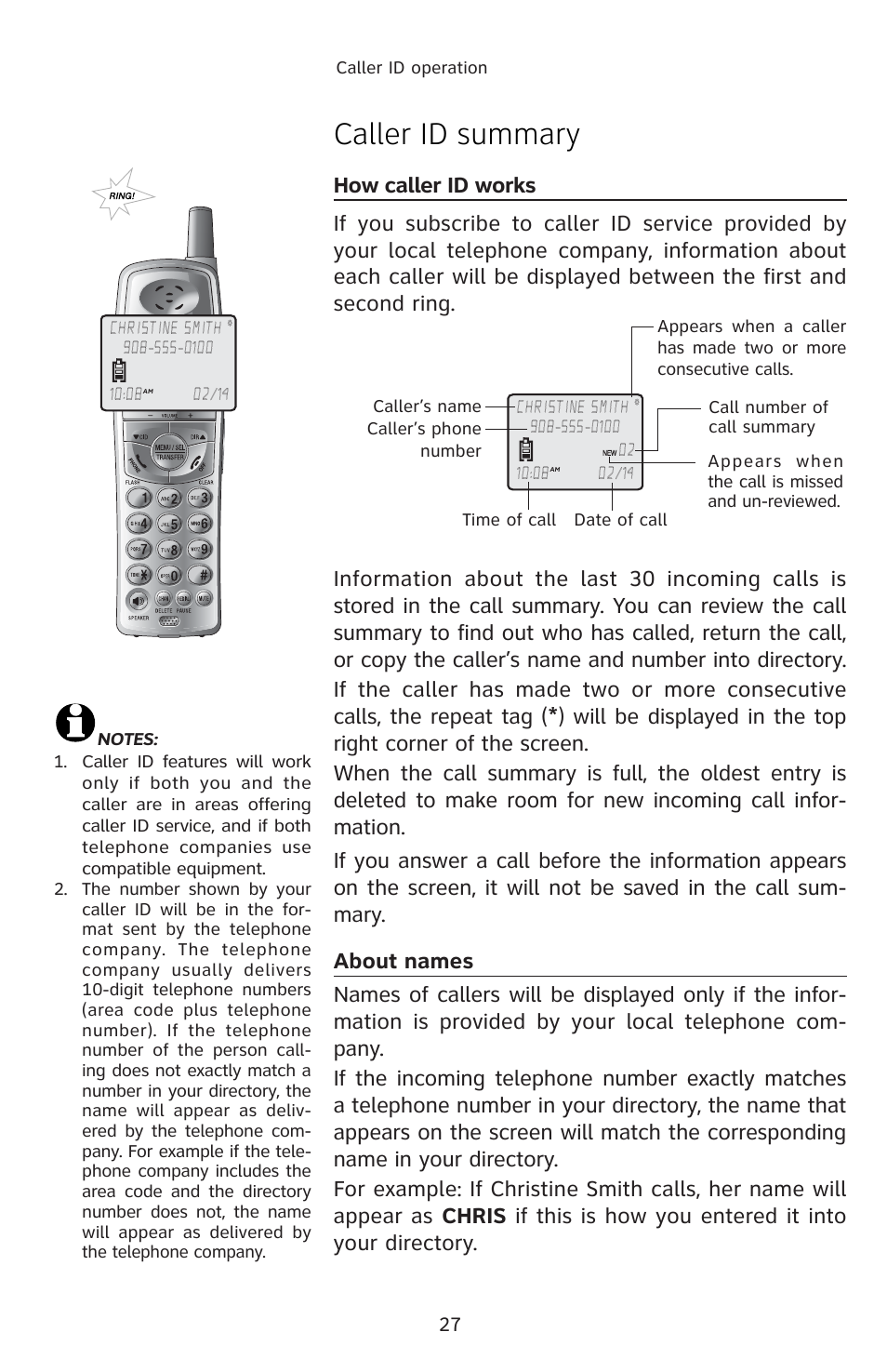 Caller id summary | AT&T 91-001105-040-100 User Manual | Page 30 / 55