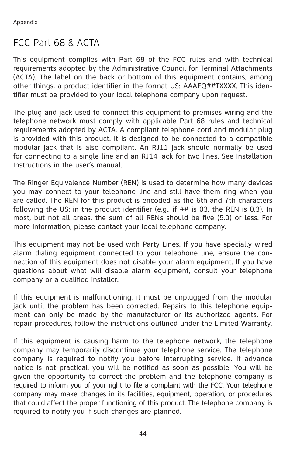 Fcc part 68 & acta | AT&T 91-001105-040-100 User Manual | Page 47 / 55