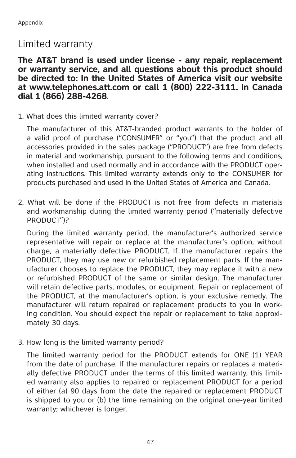 Limited warranty | AT&T 91-001105-040-100 User Manual | Page 50 / 55