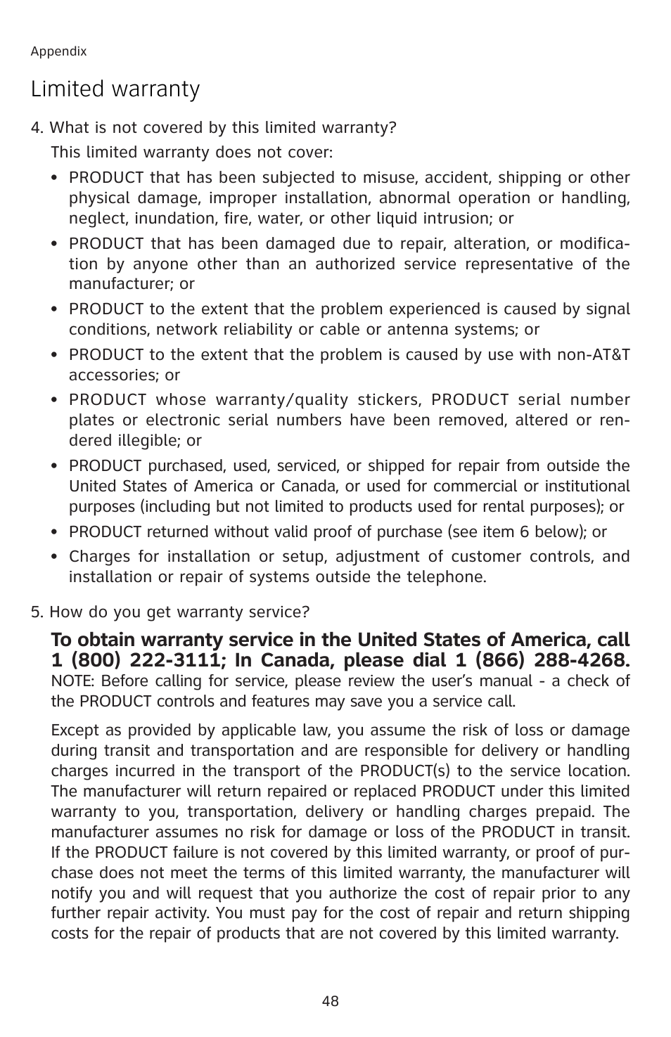 Limited warranty | AT&T 91-001105-040-100 User Manual | Page 51 / 55