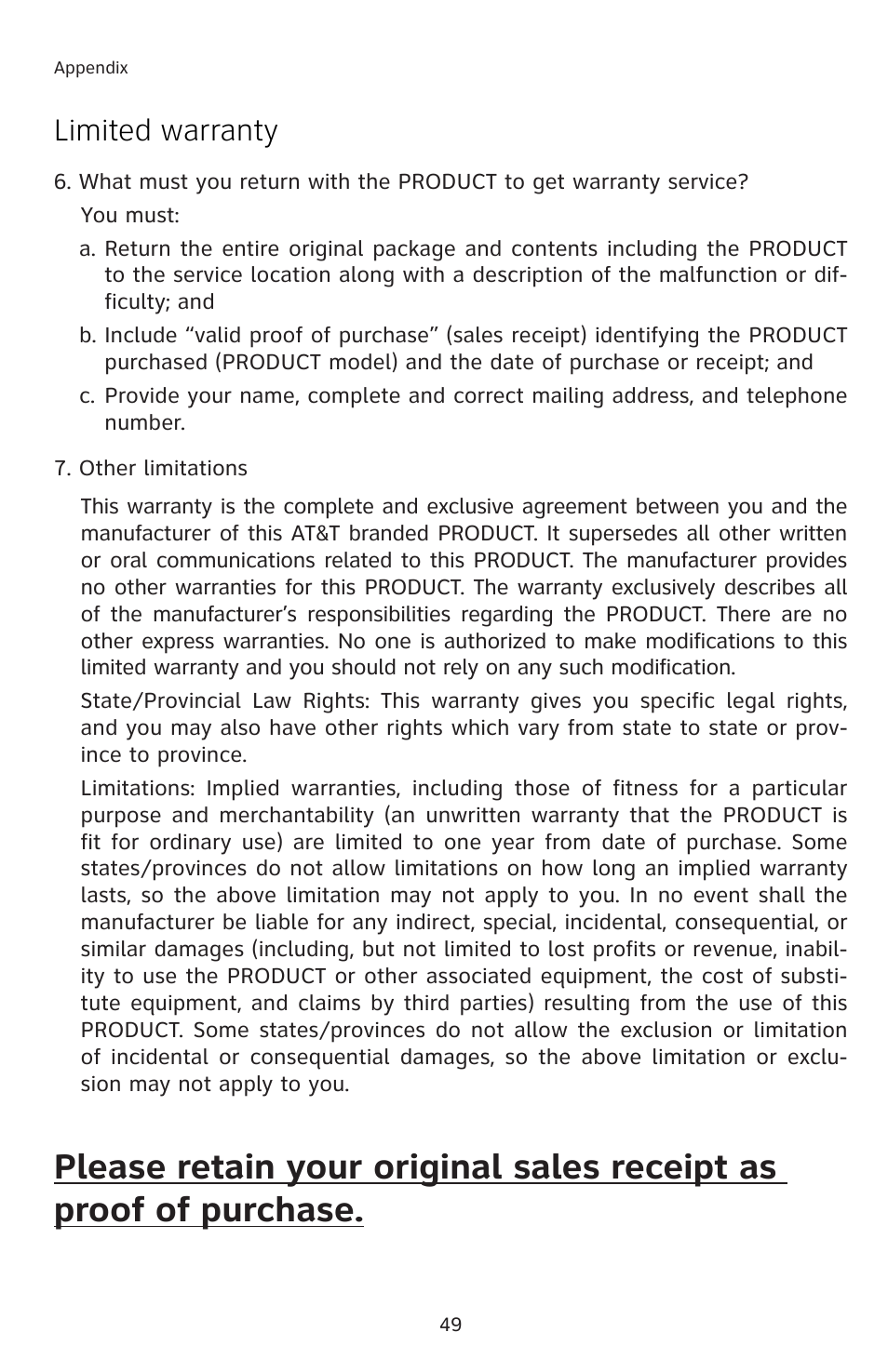 Limited warranty | AT&T 91-001105-040-100 User Manual | Page 52 / 55