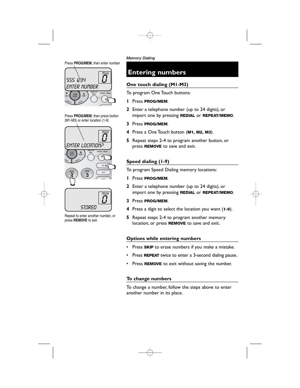 Entering numbers, Enter location, Stored | AT&T 1855 User Manual | Page 15 / 32