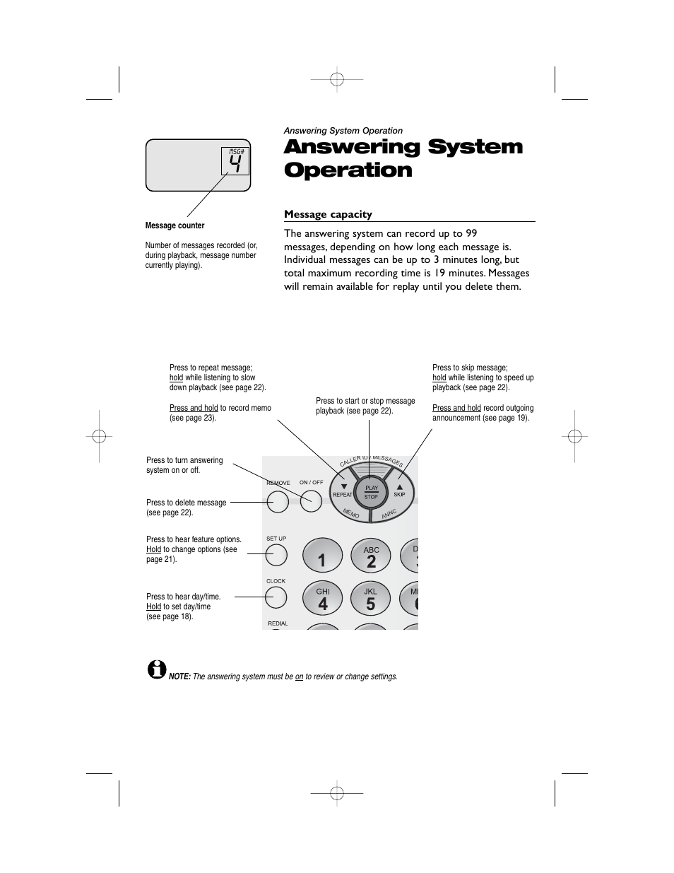 Answering system operation | AT&T 1855 User Manual | Page 19 / 32