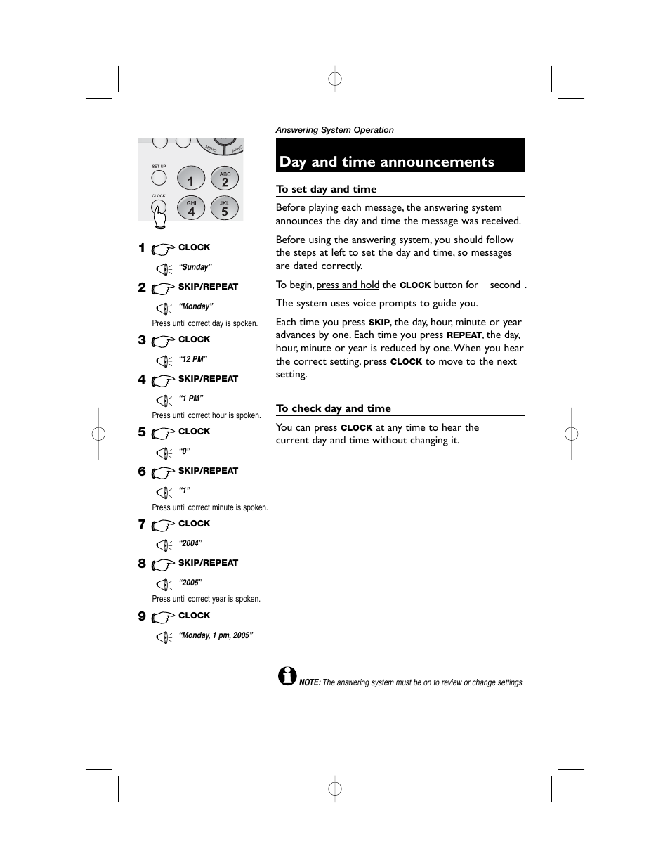 Day and time announcements | AT&T 1855 User Manual | Page 20 / 32