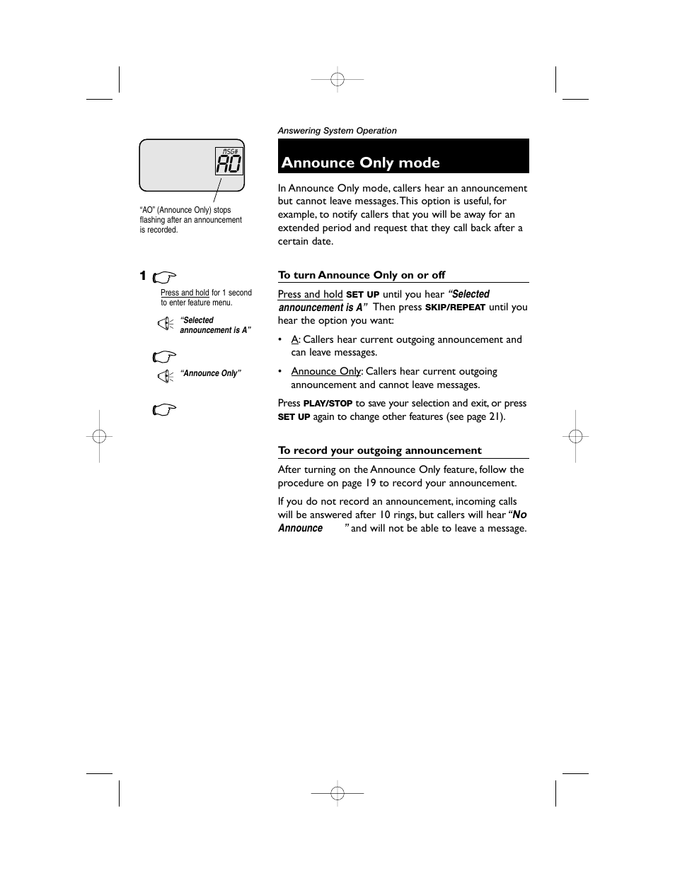 Announce only mode | AT&T 1855 User Manual | Page 22 / 32
