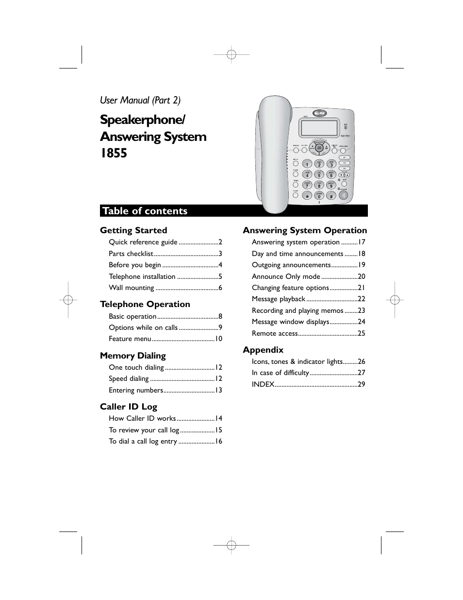 Speakerphone/ answering system 1855, Table of contents user manual (part 2), Getting started | Telephone operation, Caller id log, Answering system operation, Appendix | AT&T 1855 User Manual | Page 3 / 32
