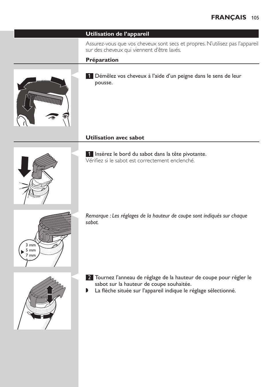 Français | Philips Do-It-Yourself clipper Se tondre les cheveux soi-même User Manual | Page 105 / 150