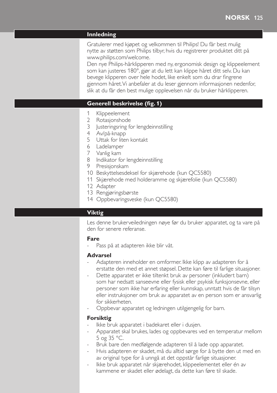Norsk, Norsk 12 | Philips Do-It-Yourself clipper Se tondre les cheveux soi-même User Manual | Page 125 / 150