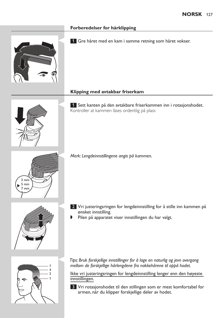 Norsk | Philips Do-It-Yourself clipper Se tondre les cheveux soi-même User Manual | Page 127 / 150