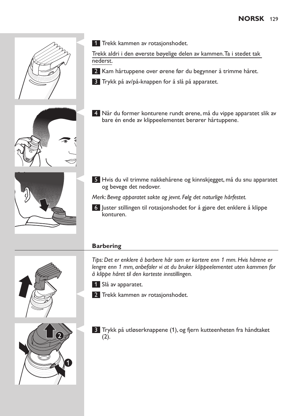 Norsk | Philips Do-It-Yourself clipper Se tondre les cheveux soi-même User Manual | Page 129 / 150